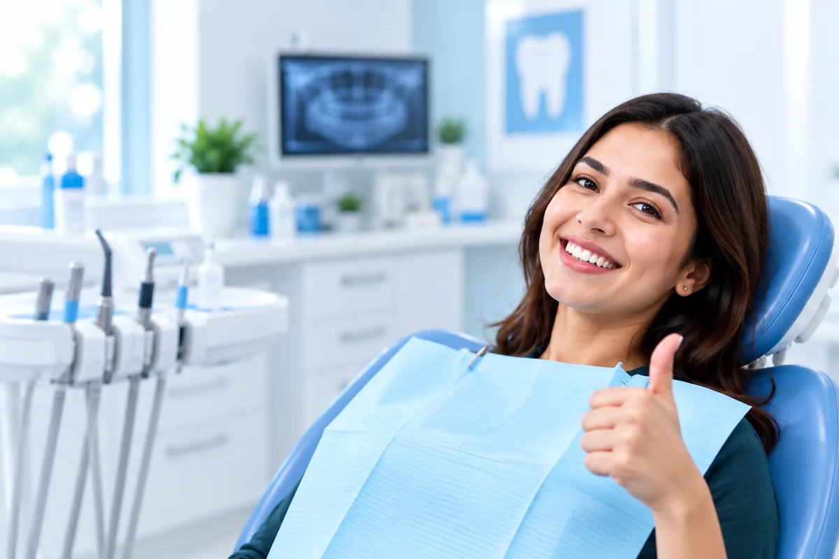 Happy dental patient giving thumbs up in clinic chair